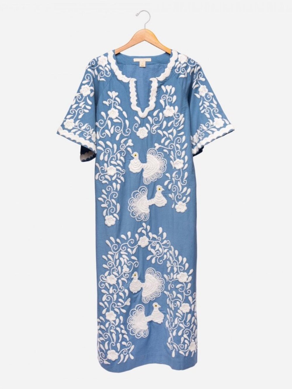 Frances Valentine Blue and White Peacock Caftan Embroidered Dress Size 16